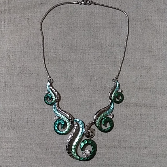 Silver and Green Wave Necklace with CZ Diamonds - Picture 2 of 4